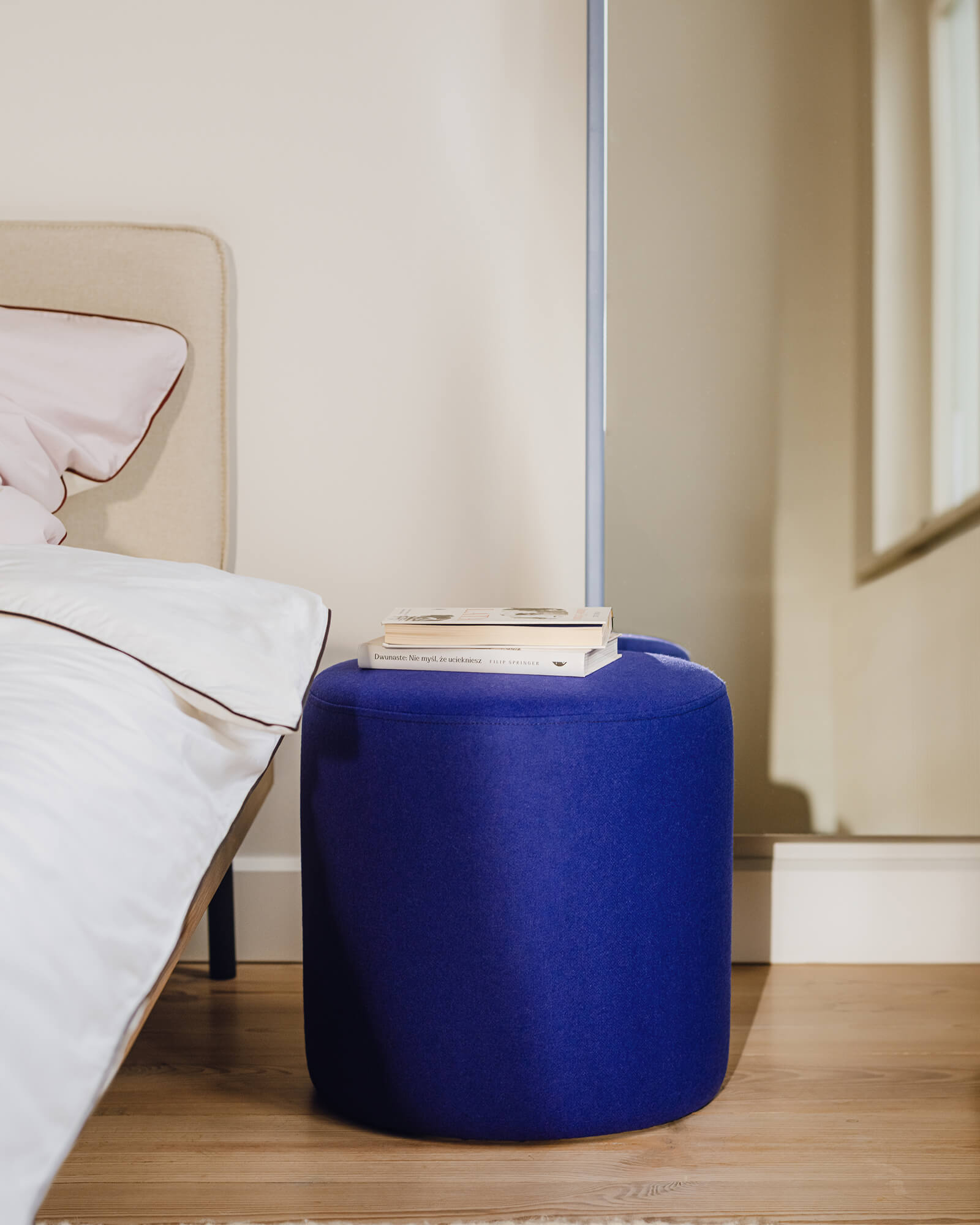 Folk Pouf Tall - ultramarine, round pouf, modern seating - noo.ma