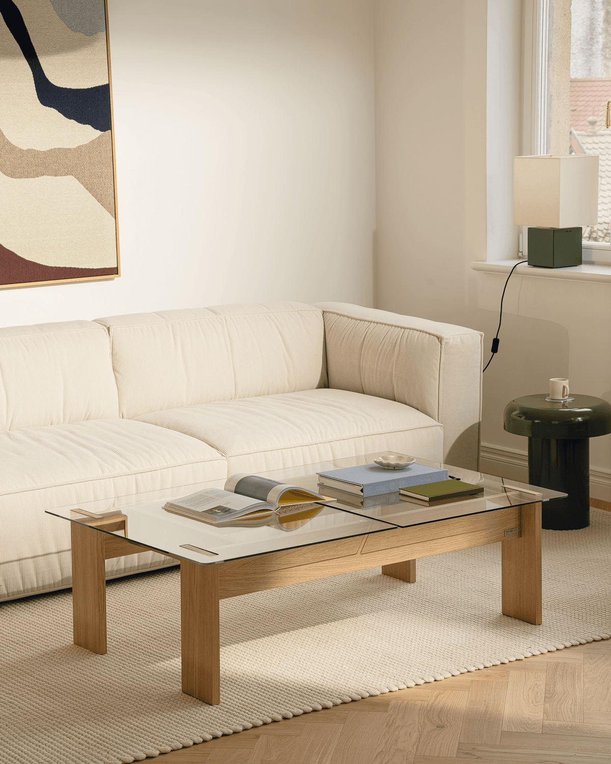 Naiko Coffee Table - Oak - large coffee table, glass top - noo.ma